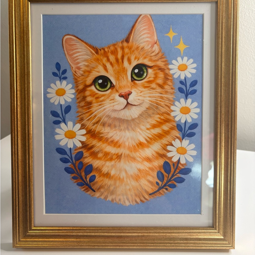 Framed orange Tabby Cat Art Print 8x10 Gold Frame | Tabby Floral Wall Art